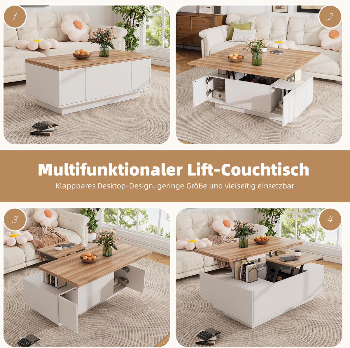 COUCHTISCH aus Spanplatte 100x50x55,5 cm Weiß mit Holzoptik, Doppel-Hebemechanismus und Stauraum - Weiß, Holzwerkstoff (100/50/55.5cm) - IVMEU
