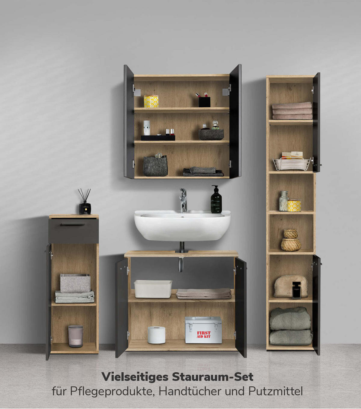 BADMÖBEL-SET 4-teilig Der Steuermann - Anthrazit, Holzwerkstoff (136/180/34cm) - Mokebo