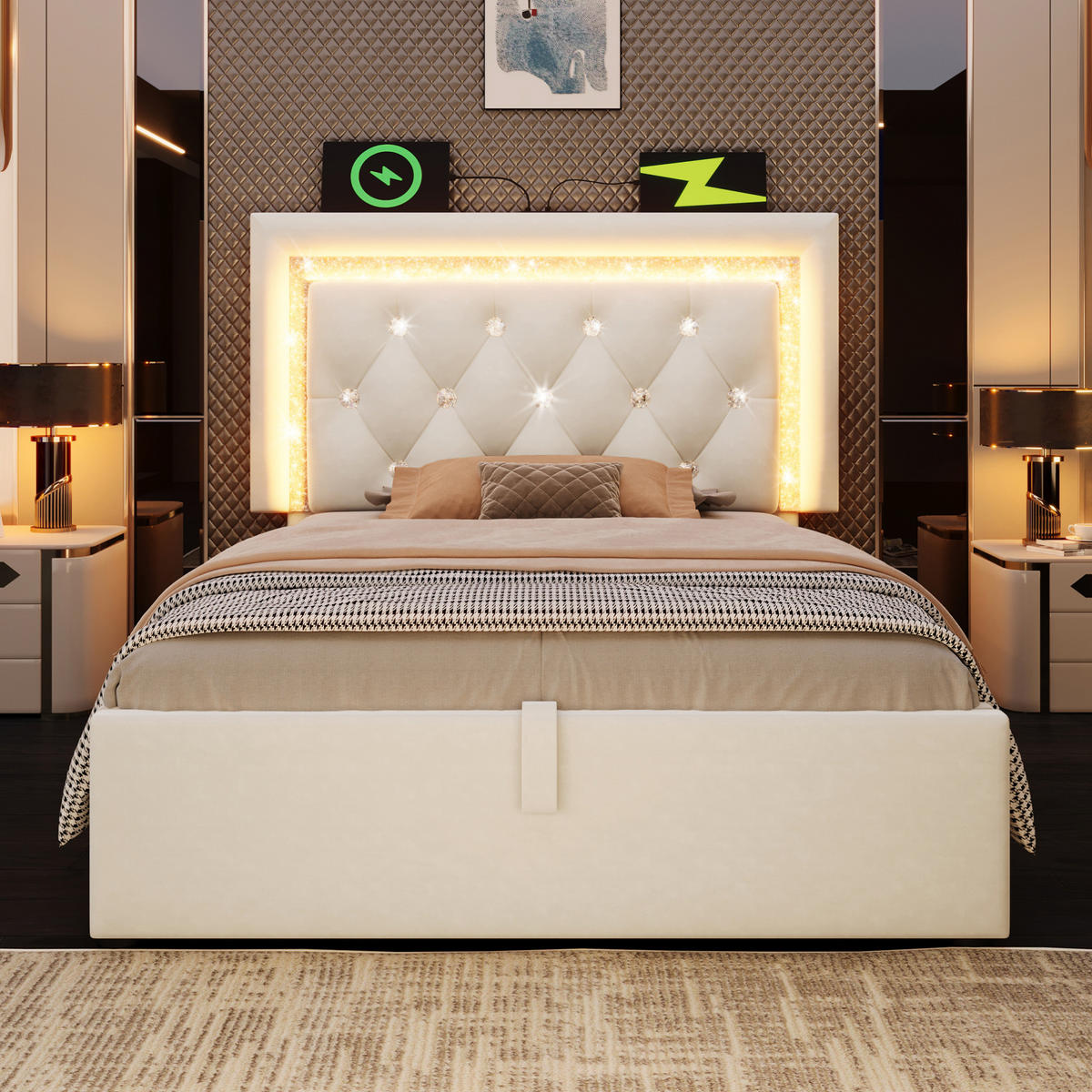 POLSTERBETT 90/200 cm Beige mit LED-Beleuchtung und Bettkasten aus Samt - Beige, Textil (90/200cm) - OKWISH