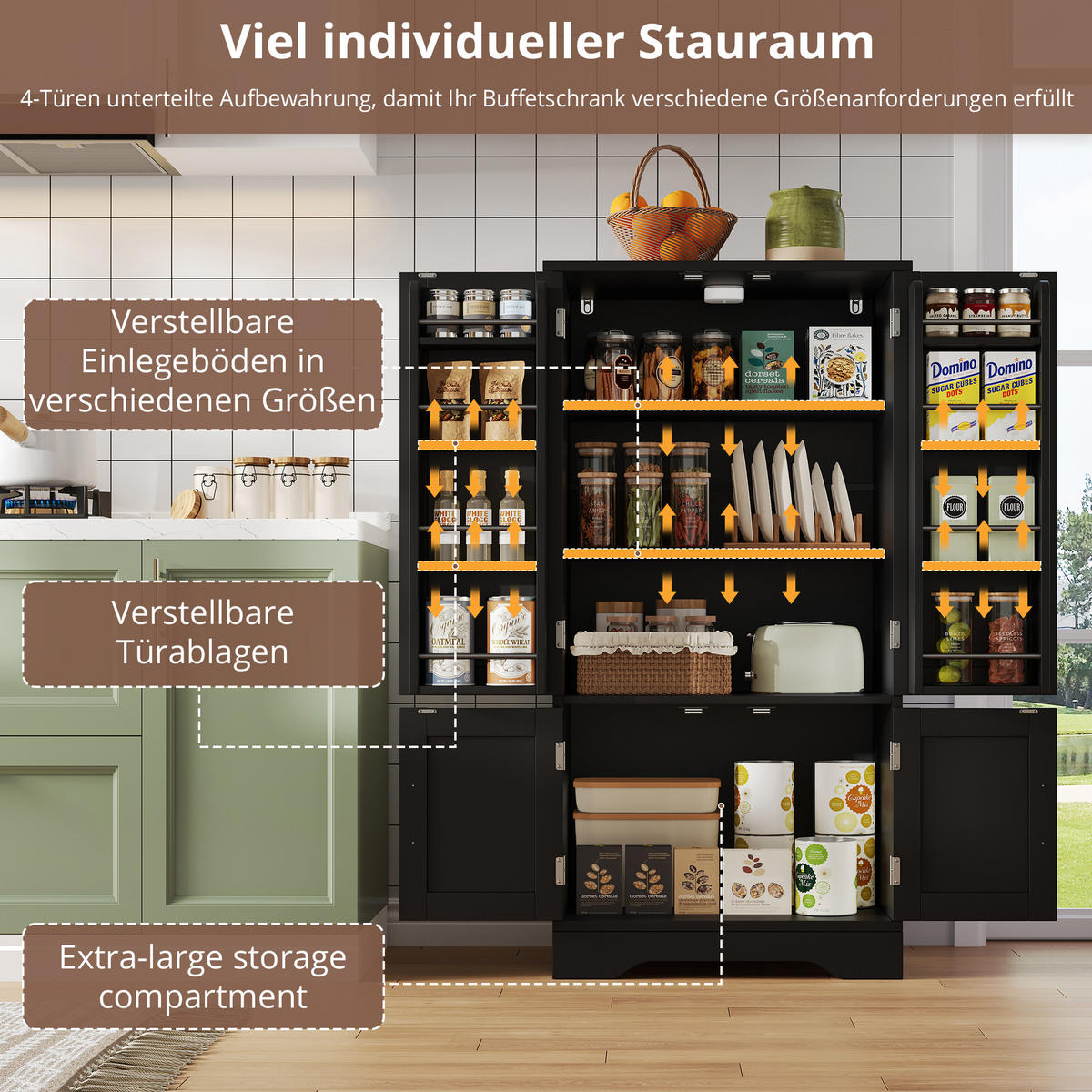 BUFFET Aufbewahrungsschrank 120x60x40cm Schwarz mit LED Licht & Wellentüren - Schwarz, Holzwerkstoff (40/120/60cm) - Modfu