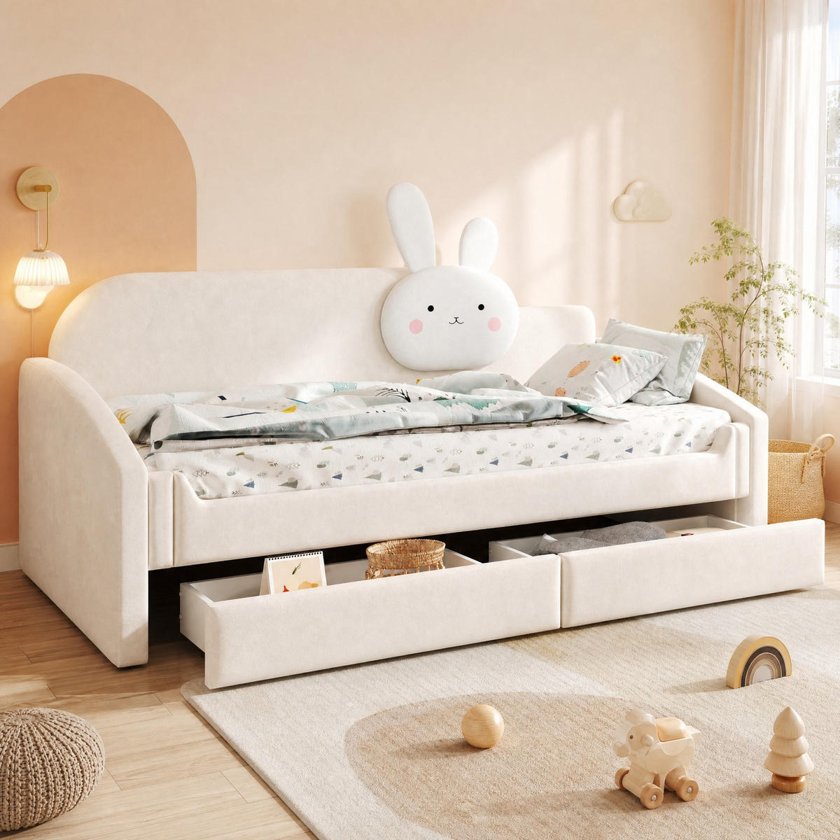 KINDER-POLSTERBETT 90x200 cm in Beige mit LED-Beleuchtung und 2 Schubladen - Beige, Textil (90/200cm) - IVMEU