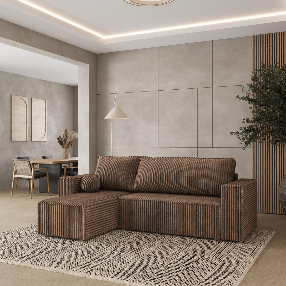 ECKSOFA RAVELO T Beige Kordstoff mit Schlaffunktion - Beige, Holz (240/140cm) - MASSENO