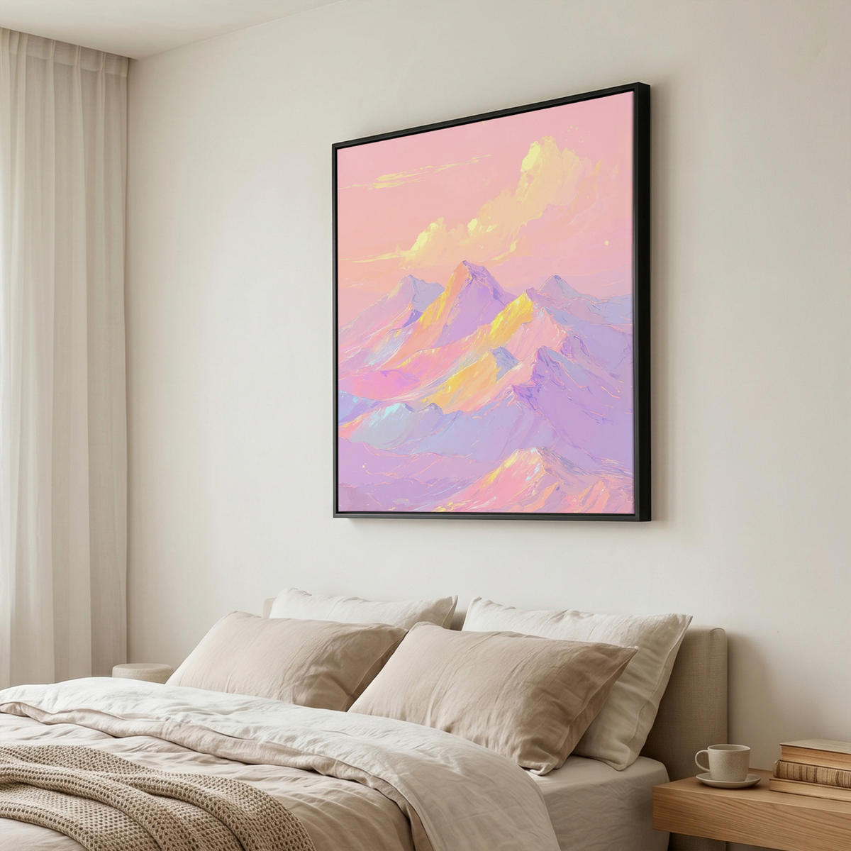 LEINWAND Bilder mit Rahmen - Berggipfel - Wolken - Verträumt - 90x90 - Hellrosa, Textil (90/90cm) - MuchoWow