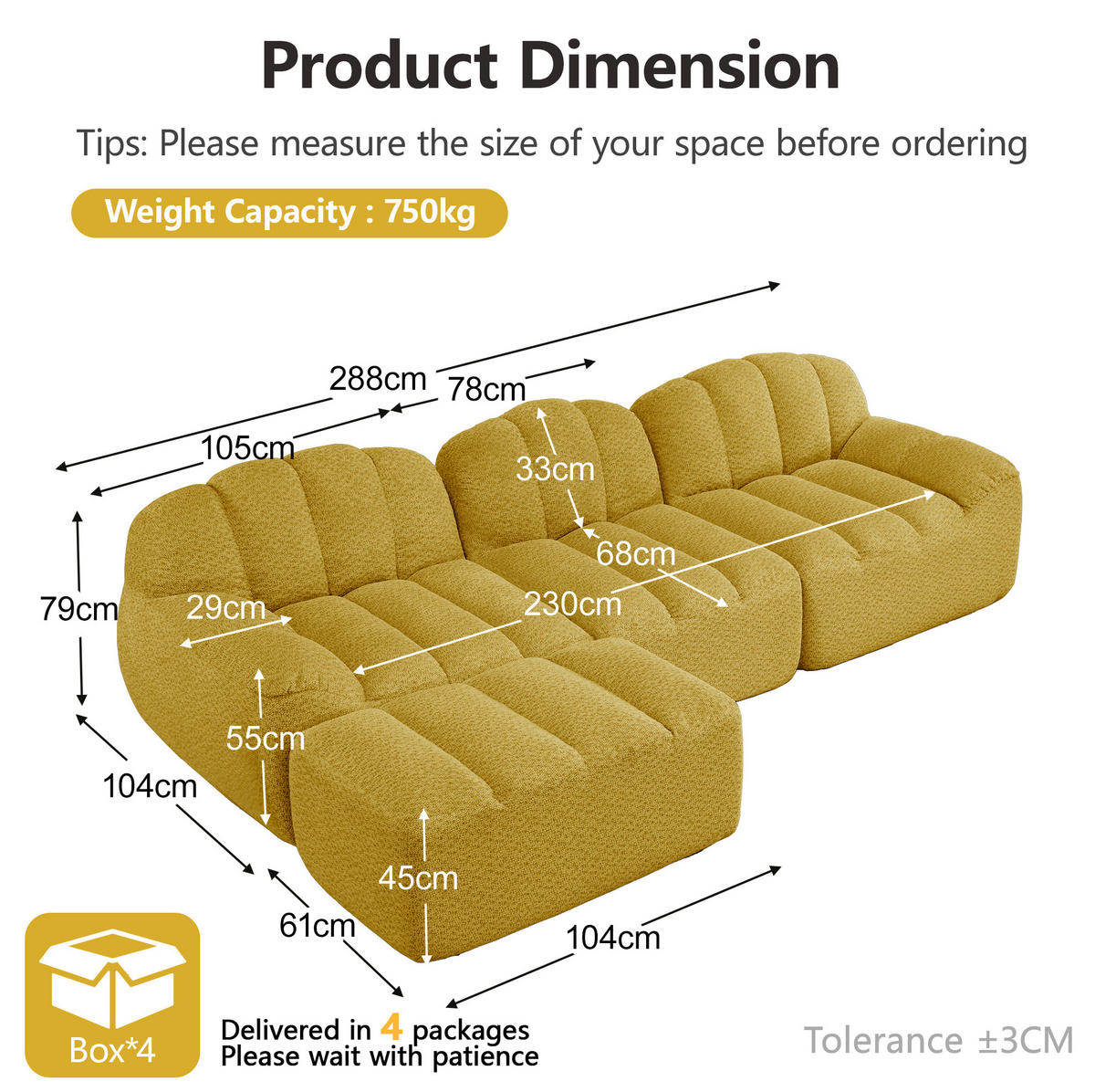 SOFA modular mit Ottoman Granulierter Fleece Gelb - Gelb, Kunststoff (165/288cm) - Meubliv