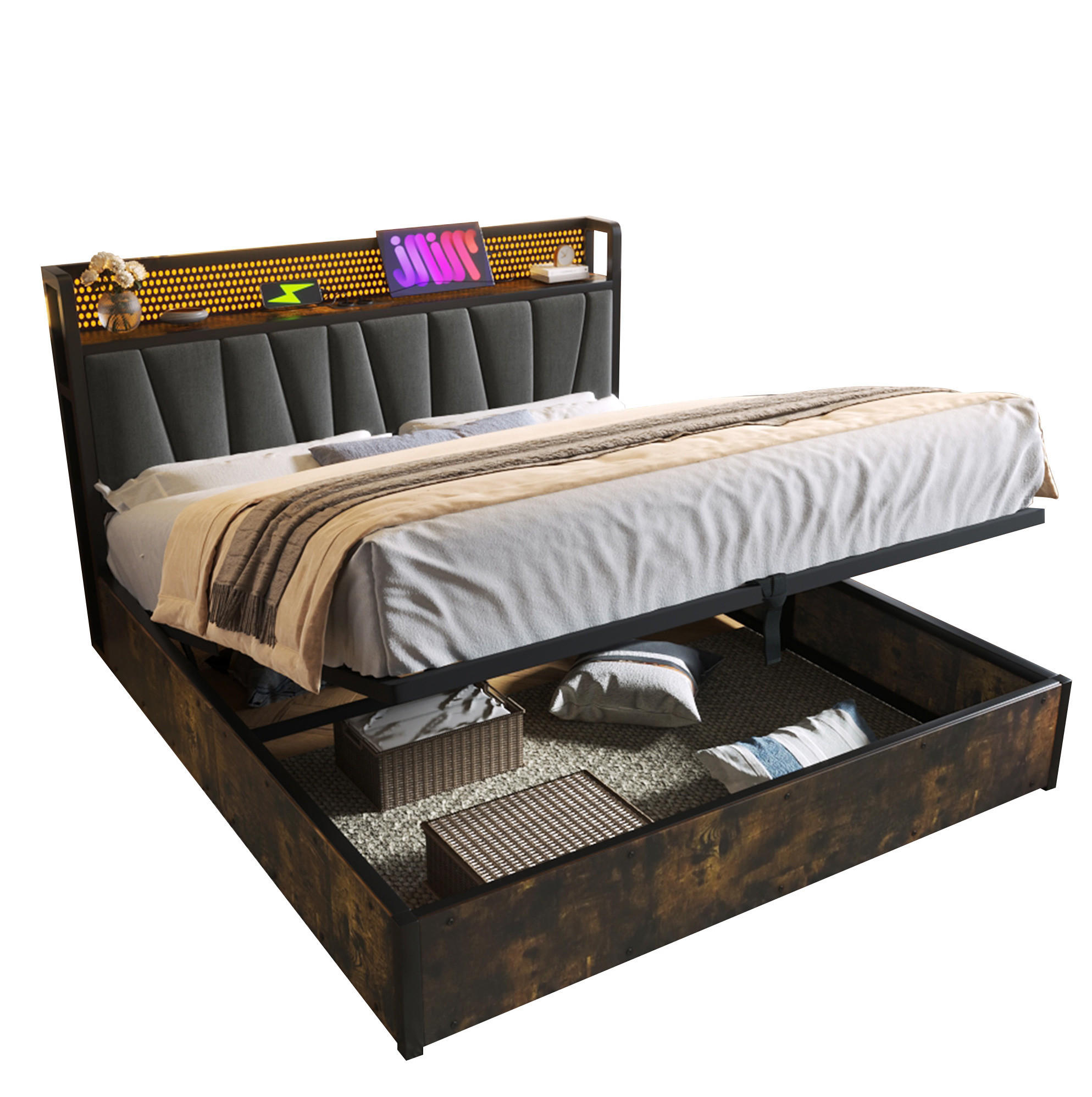 POLSTERBETT aus Leinen 160x200 cm in Grau mit LED & Steckdosen - Grau, Textil (160/200cm) - Modfu
