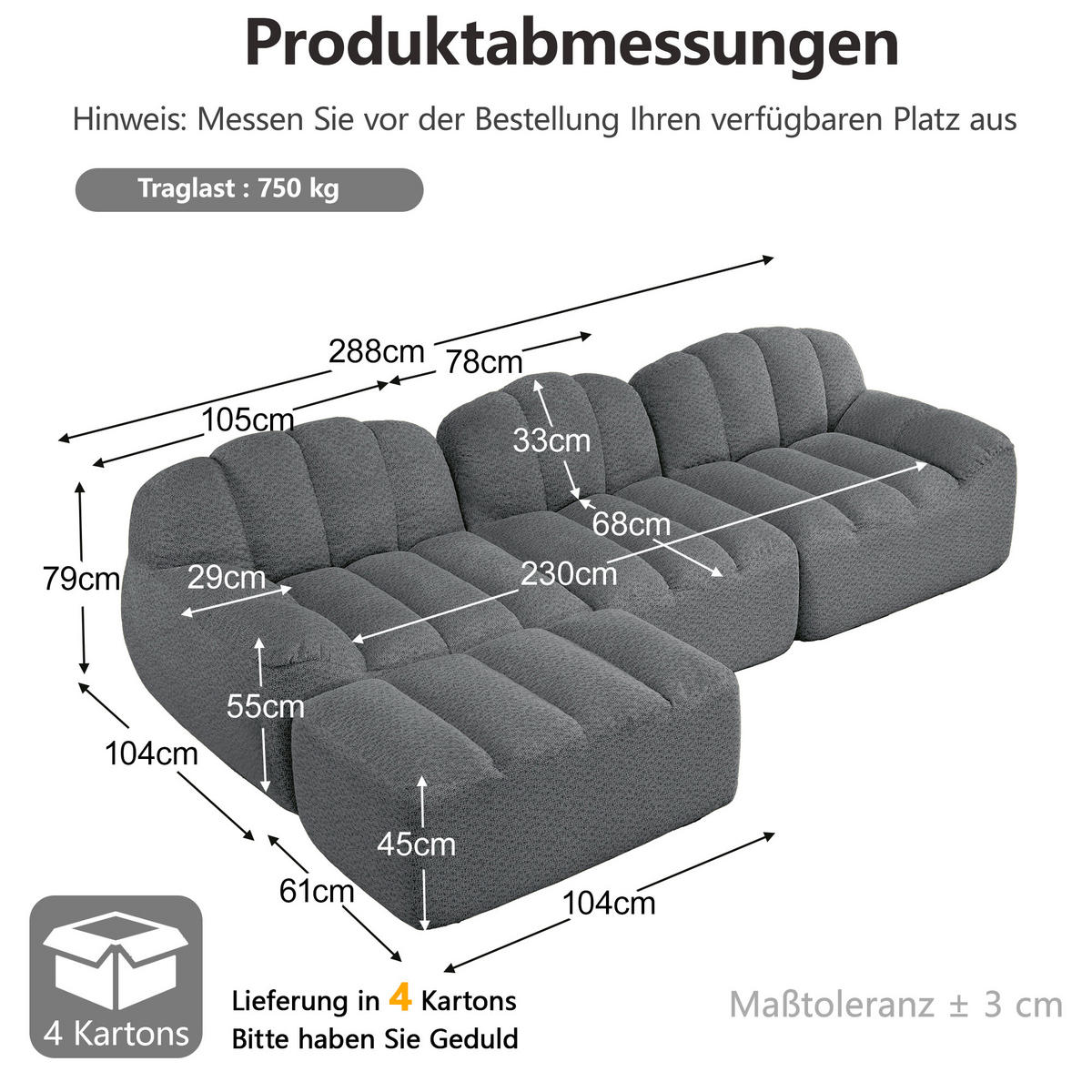 ECKSOFA 288/165/79 cm Grau Granulatvlies mit 1 Fußhocker - Grau, Textil (288/165cm) - Oxeza