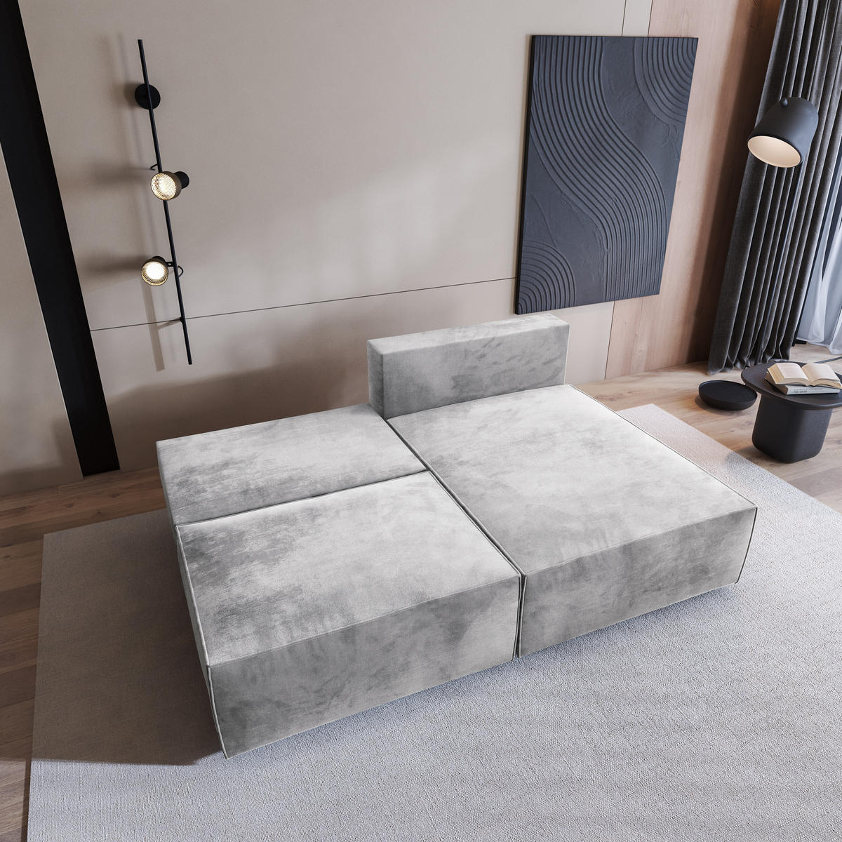 ECKSOFA FIORO M Hellgrau Velours-Stoff mit Schlaffunktion - Hellgrau, Holz (204/148cm) - MASSENO