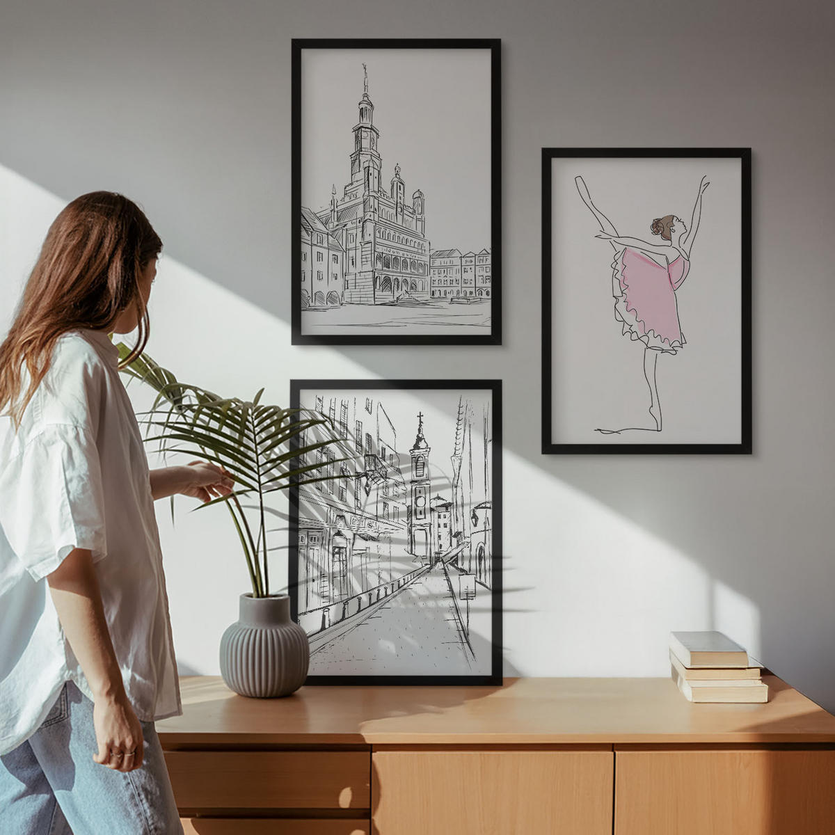 BILDER SET 3er Set - 40x60 cm Schwarzer Rahmen - Stilvolle Ballerinen und Architektur - Schwarz, Kunststoff (40/60cm) - TULUP