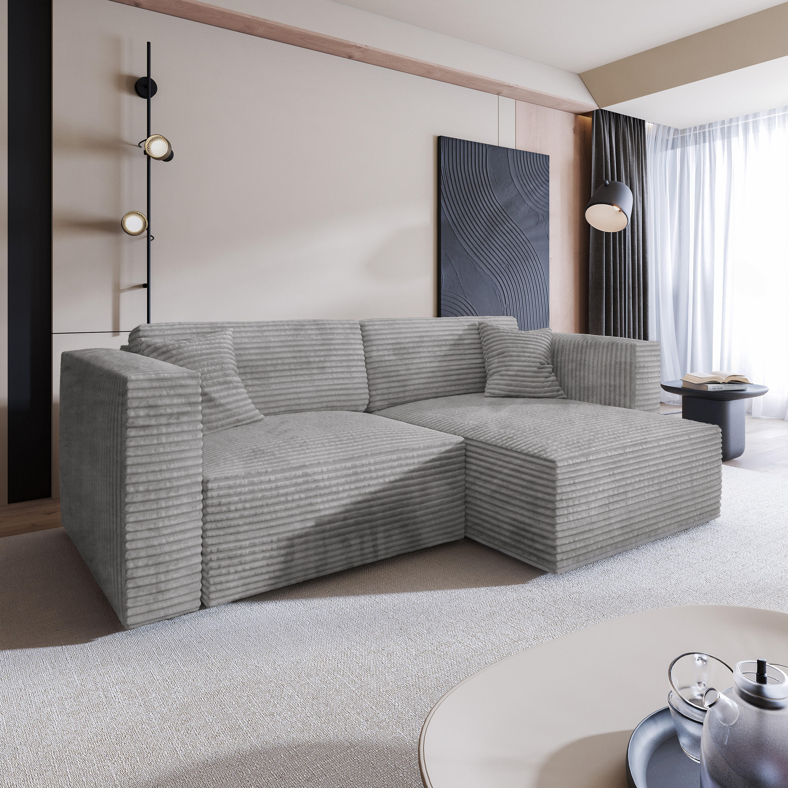 ECKSOFA NERIO Hellgrau Kordstoff mit Schlaffunktion - Hellgrau, Holz (245/148cm) - MASSENO