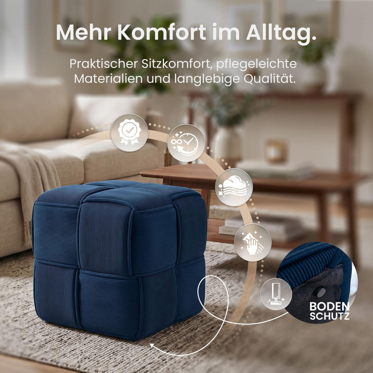 SITZWÜRFEL eckig 40/40/40 cm Cord Blau - Blau, Kunststoff/Textil (40/40/40cm) - CLP