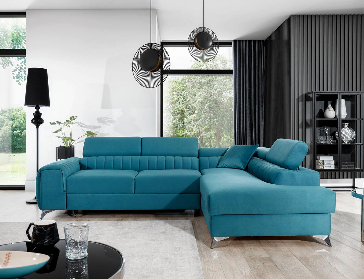ECKSOFA Laurence mit Schlaffunktion & Bettkasten – 278 x 205 cm, verstellbare Kopfstützen - Blau, Kunststoff (278/205cm) - Wohnideebilder