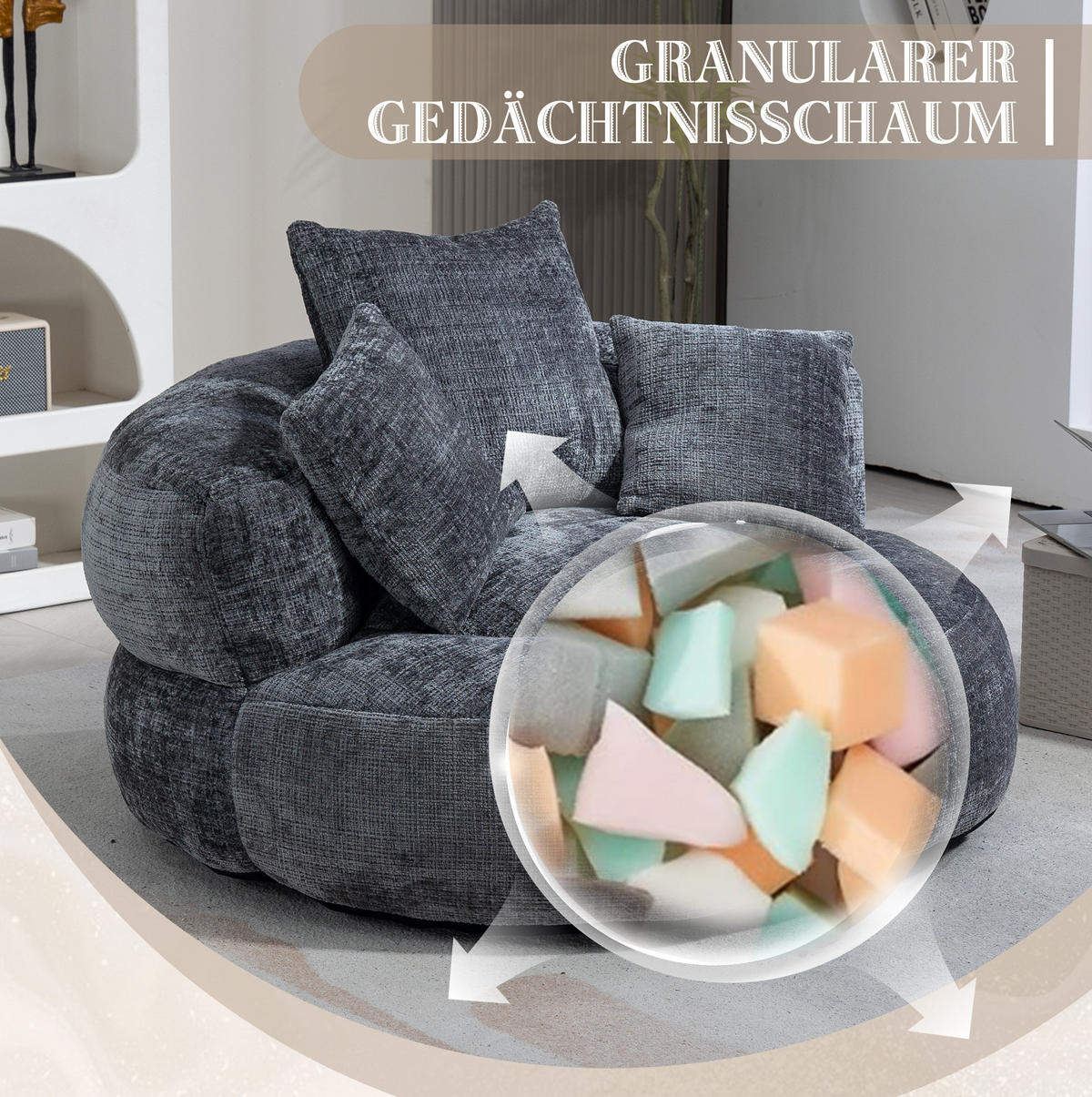 SITZSACK Chenille 108 x 108 x 52 cm Gray - Grau, Kunststoff (108/52/108cm) - Beauniv