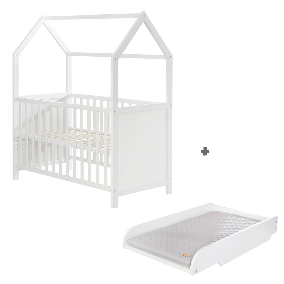 HAUSBETT 60 x 120 cm inkl. Wickelplatte - Weiß, Holzwerkstoff (60/120cm) - Roba