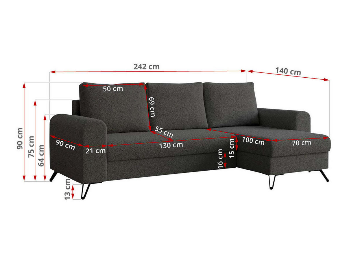 ECKSOFA Hugo Boucle Dunkelgrau - Dunkelgrau/Schwarz, Textil/Metall (242/140cm) - MKS