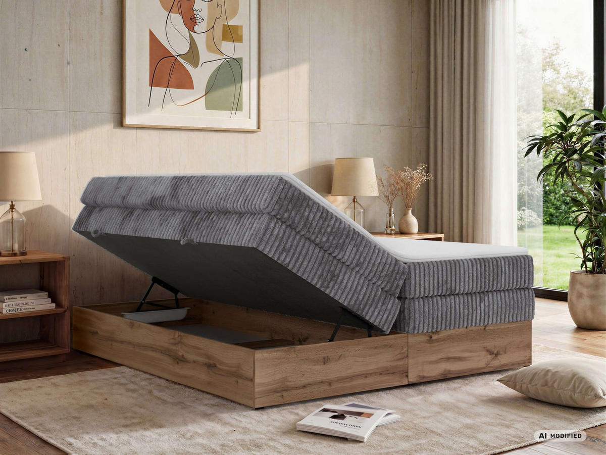 BOXSPRINGBETT WOOD ZERO KING 160/200 - Grau Cord - Topper Visco - H3 - Schwarz/Grau, Kunststoff/Textil (160/200cm) - MKS