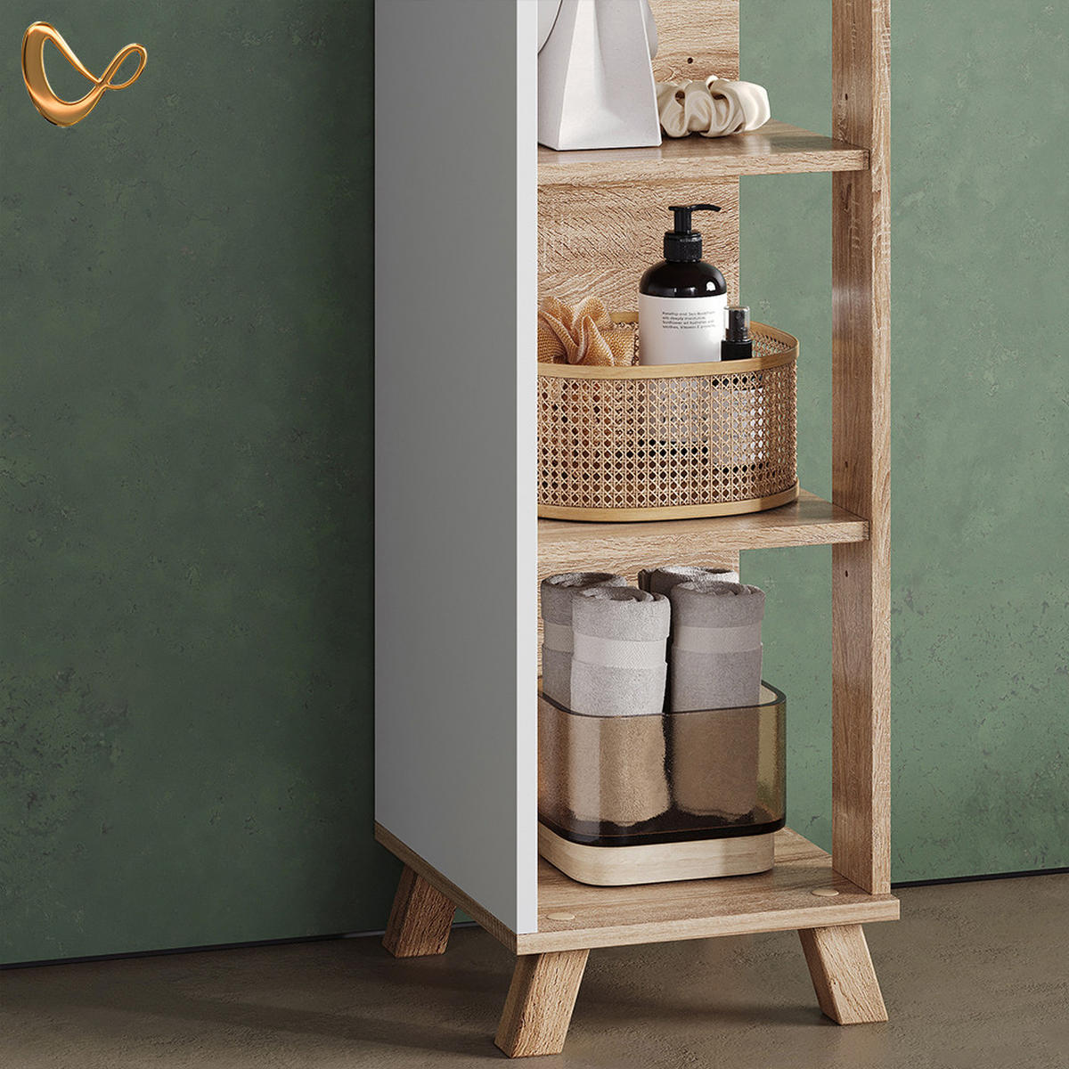KOPALNIŠKA POLICA Marano, Sonoma/Bela, 30 x 128 cm s 4 predali - bela/hrast sonoma, leseni material (30/128/35cm) - Livinity®