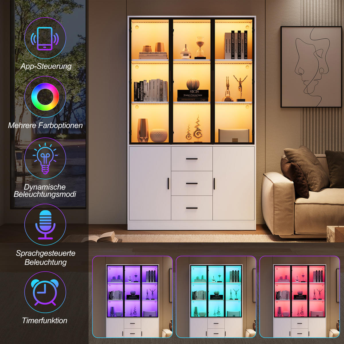 VITRINE 120x30x200 cm Weiß mit LED und 3 Schubladen - Weiß, Holzwerkstoff (120/200/30cm) - FLIEKS
