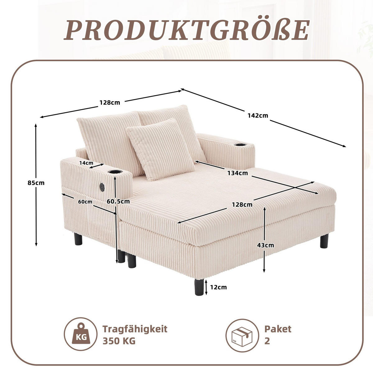 RELAXLIEGE XXL Polsterliege,Relaxsessel,3 Zierkissen,Cord,Beige - Beige, Textil (128/85/142cm) - LVHOM