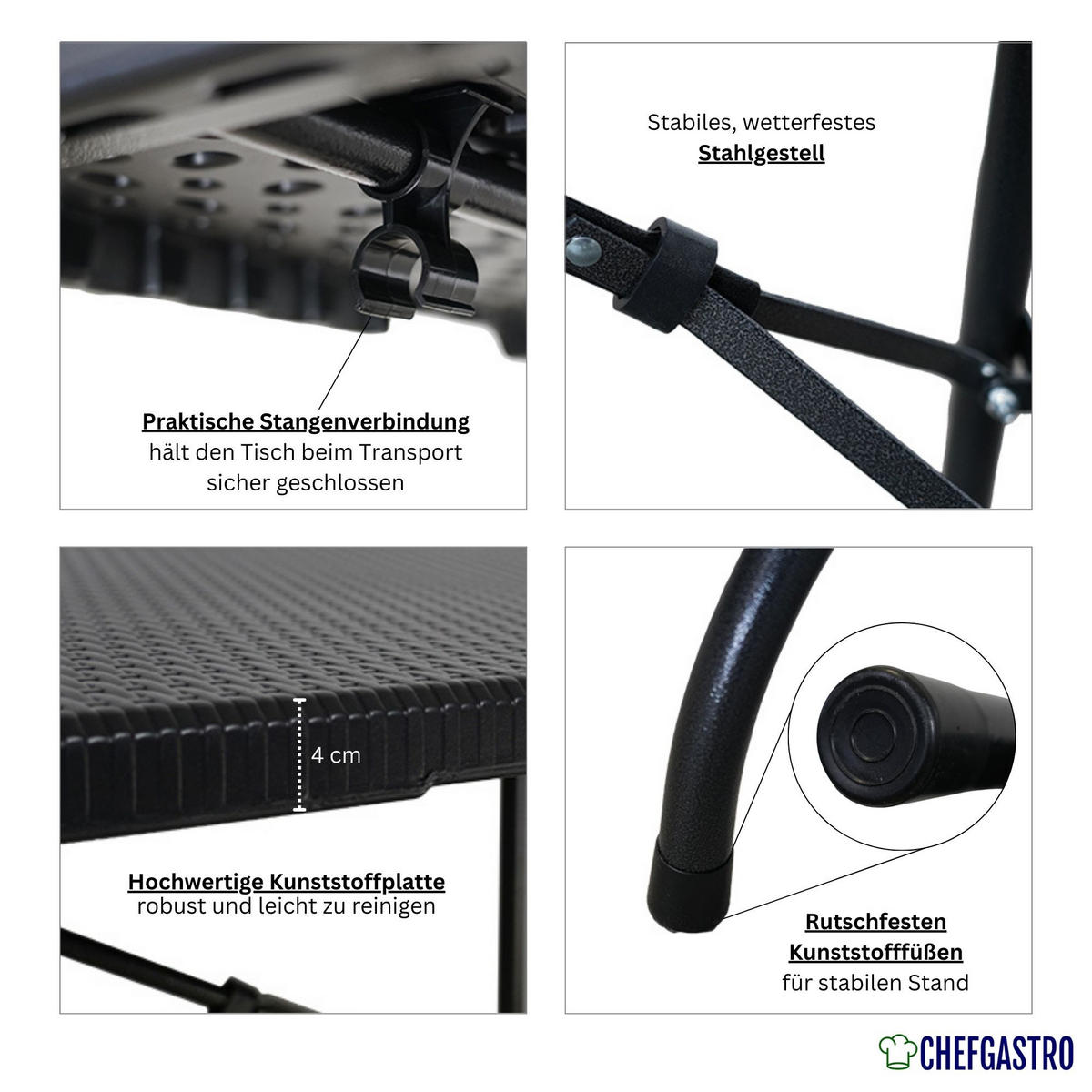 BUFFETTISCH klappbar 180x74cm 8 Personen Kunststoff Rattan Optik Schwarz - Schwarz, Kunststoff (74/180/74cm) - CHEFGASTRO