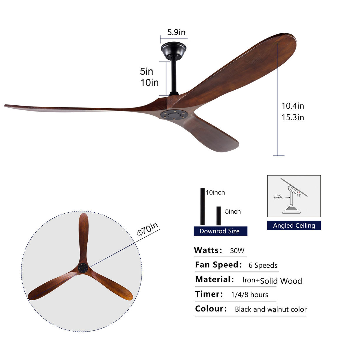 DECKENVENTILATOR DE-16244 70 Zoll ohne Licht mit Fernbedienung Walnuss - Walnussfarben, Holz/Metall (183/183/32cm) - ComfortXL