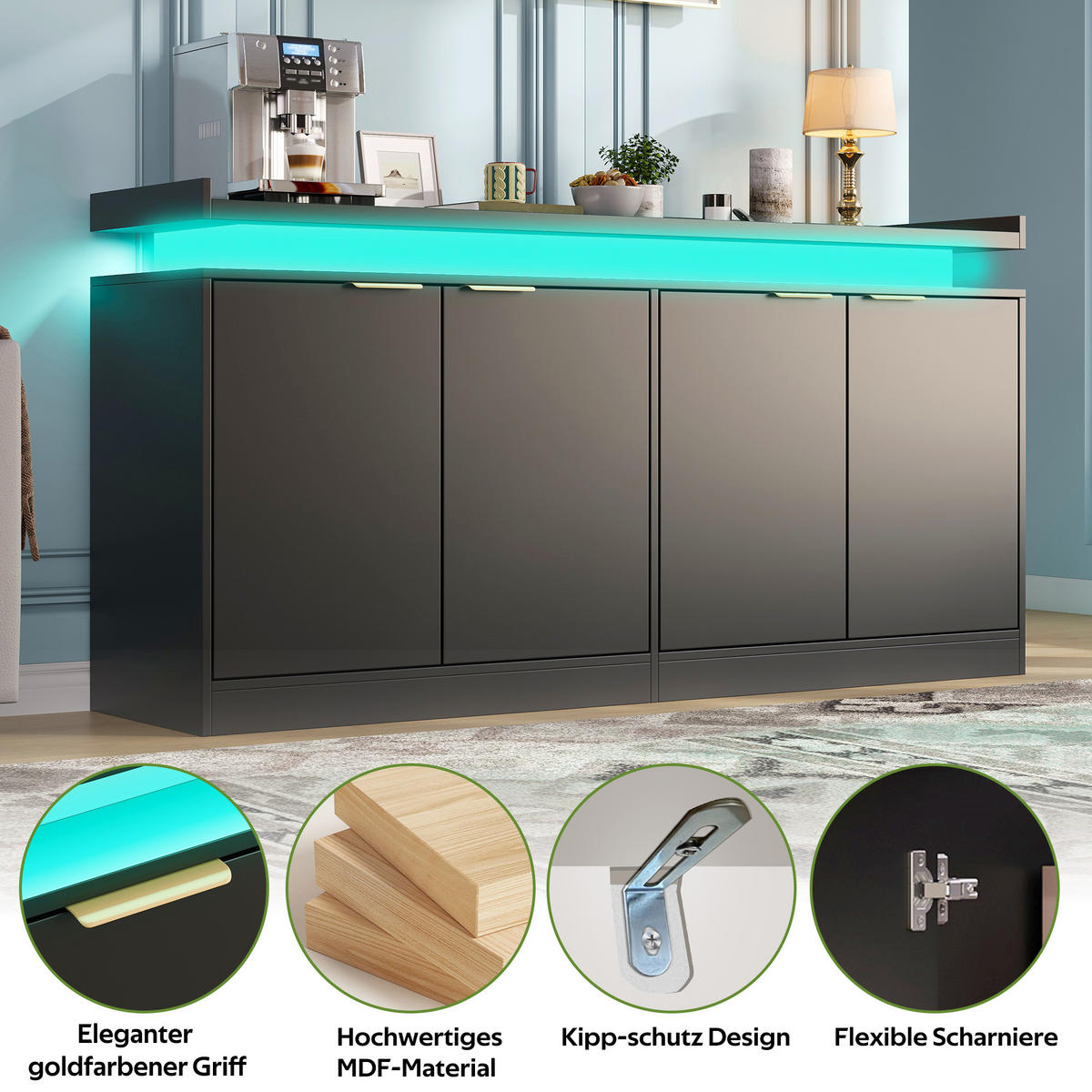 SIDEBOARD DE-38751 160/39/83 cm LED-Beleuchtung und 4 Türen Schwarz - Schwarz, Holzwerkstoff (160/83/39cm) - ComfortXL