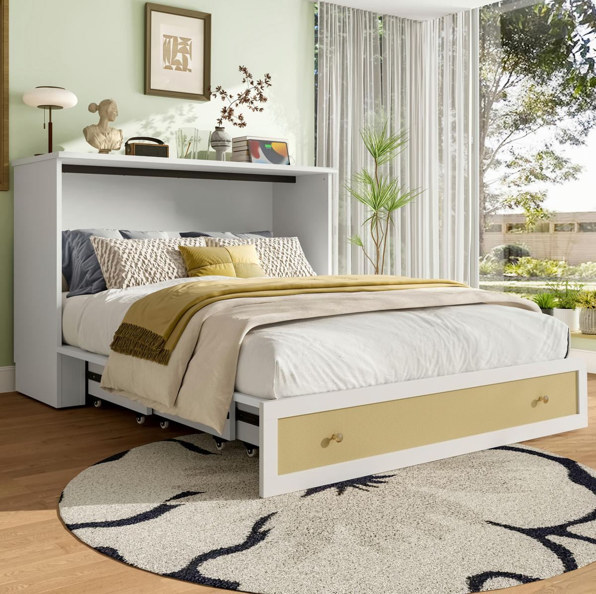 BETT 140/200 cm mit Stauraum, USB und Steckdose – in Schrank verwandelbar - Weiß, Holzwerkstoff (140/200cm) - BEAOK