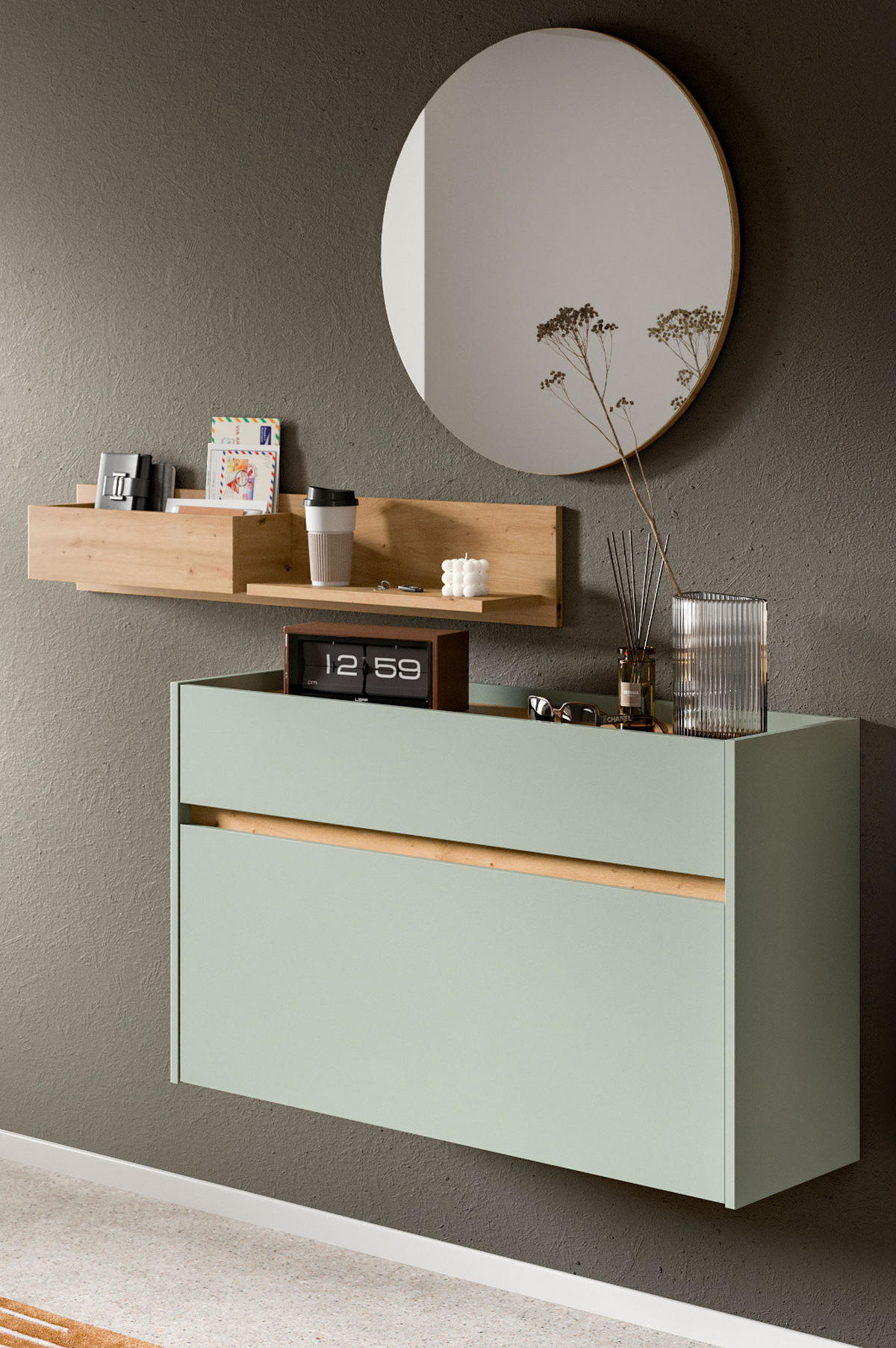 GARDEROBEN-SET Salbei grün, Artisan Eiche 140 cm 3-teilig, Garderobenschränke hängend - Salbeigrün/Eiche Artisan, Glas/Holzwerkstoff (140/197/32cm) - Inn.Furn