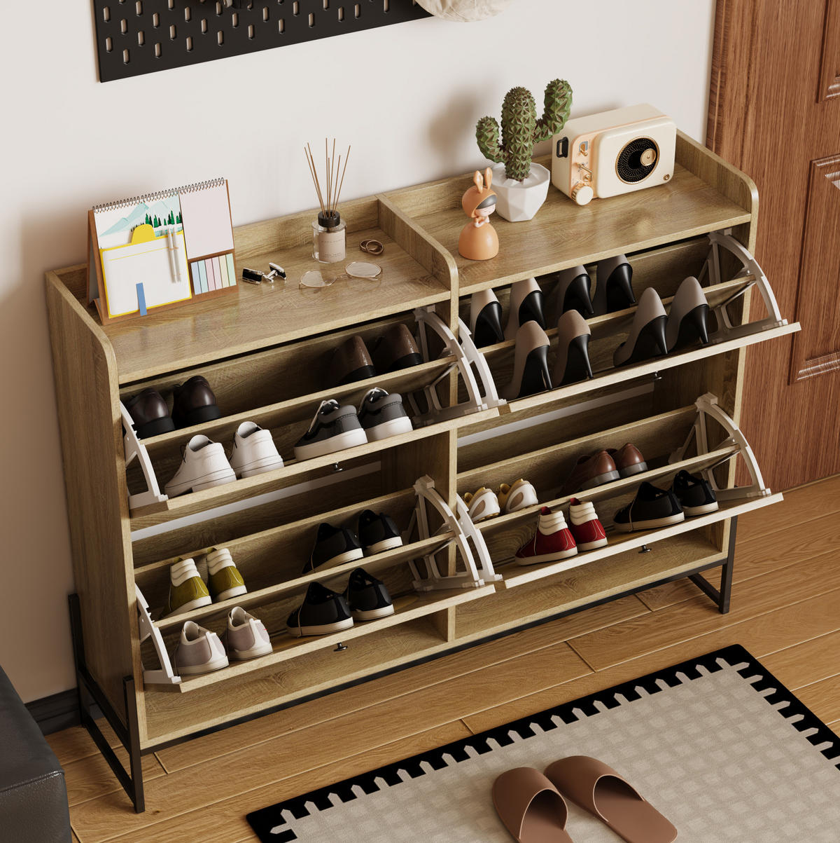 SCHUHSCHRANK 121(118)/25/91,5 cm mit Belüftung und 4 Klappen aus Spanplatte und PE-Rattan, Holzfarbe - Naturfarben, Holzwerkstoff (118/91.5/25cm) - Redom