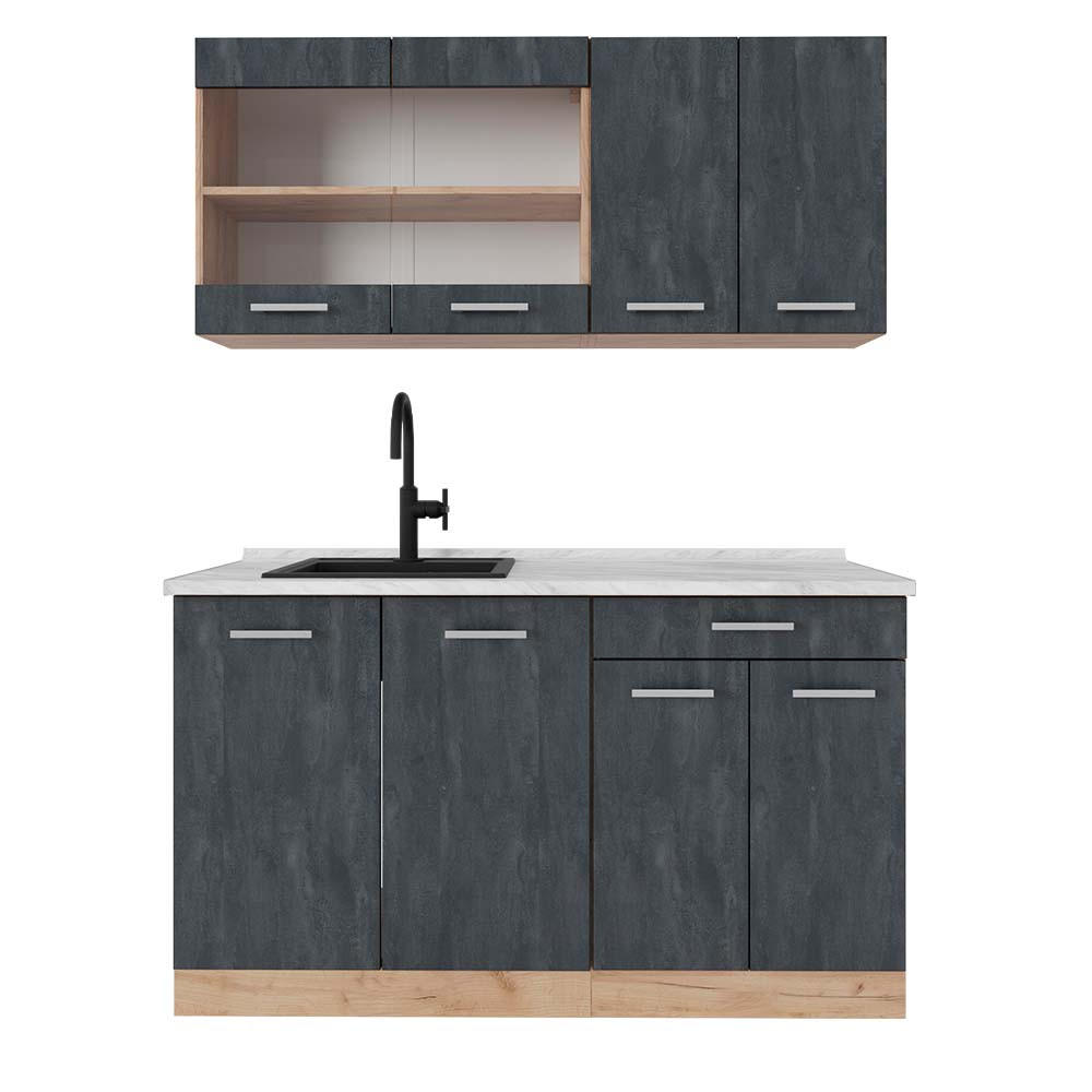 SINGLEKÜCHE R-Line Schwarz Beton/Goldkraft Eiche 140 cm AP Marmor - Eiche Wotan/Schwarz, Holzwerkstoff (140/81.6/60cm) - Vicco