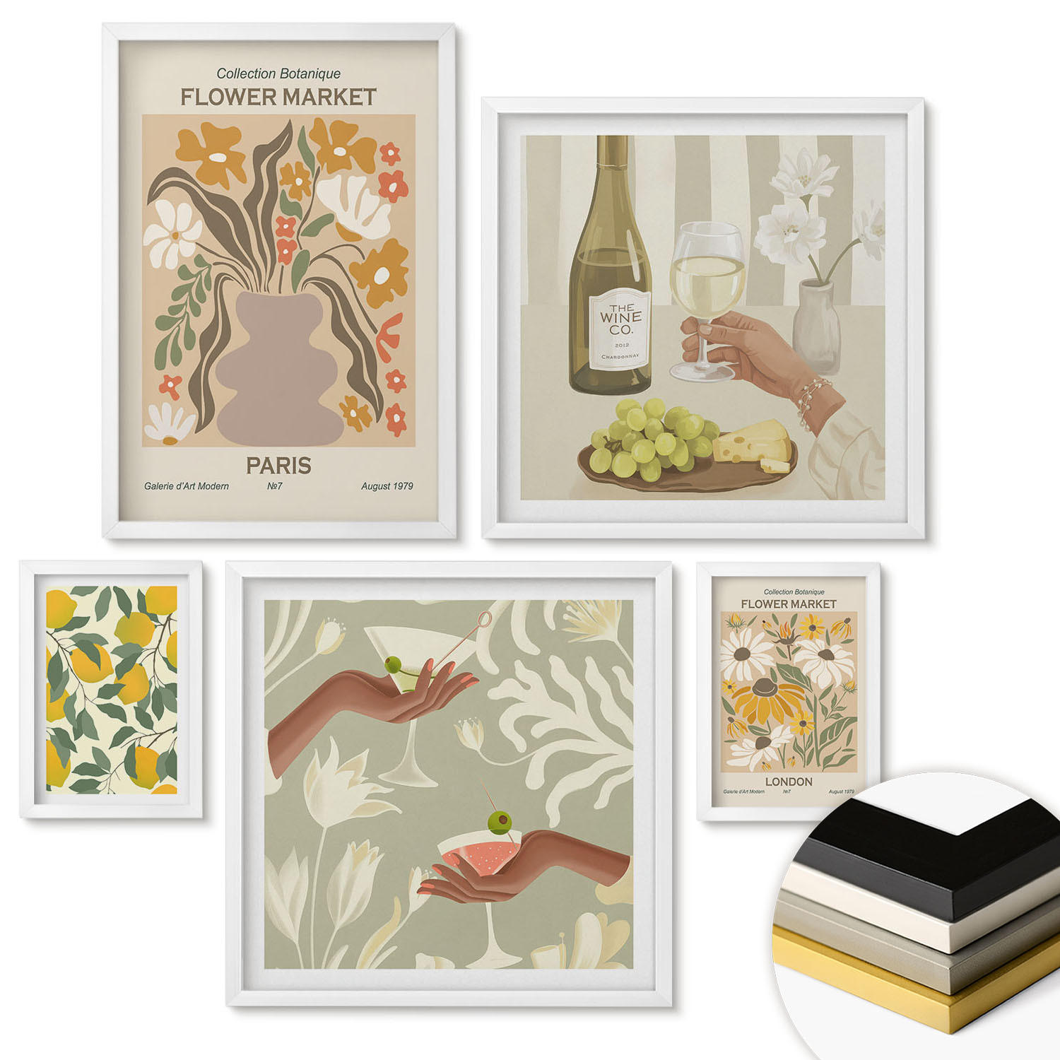 WANDBILDER 5er-Set - 50x50 cm & 20x30 cm & 40x60 cm Weißer Rahmen - Blumenposter Paris Mailand - Weiß, Kunststoff (40/60cm) - ArtPrintCave