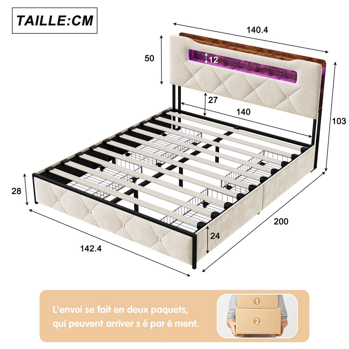 POSTEĽ s úložným priestorom 140x200cm, zamatová béžová, LED čelo postele, 4 zásuvky - béžová, kompozitné drevo - SHOPENTRA