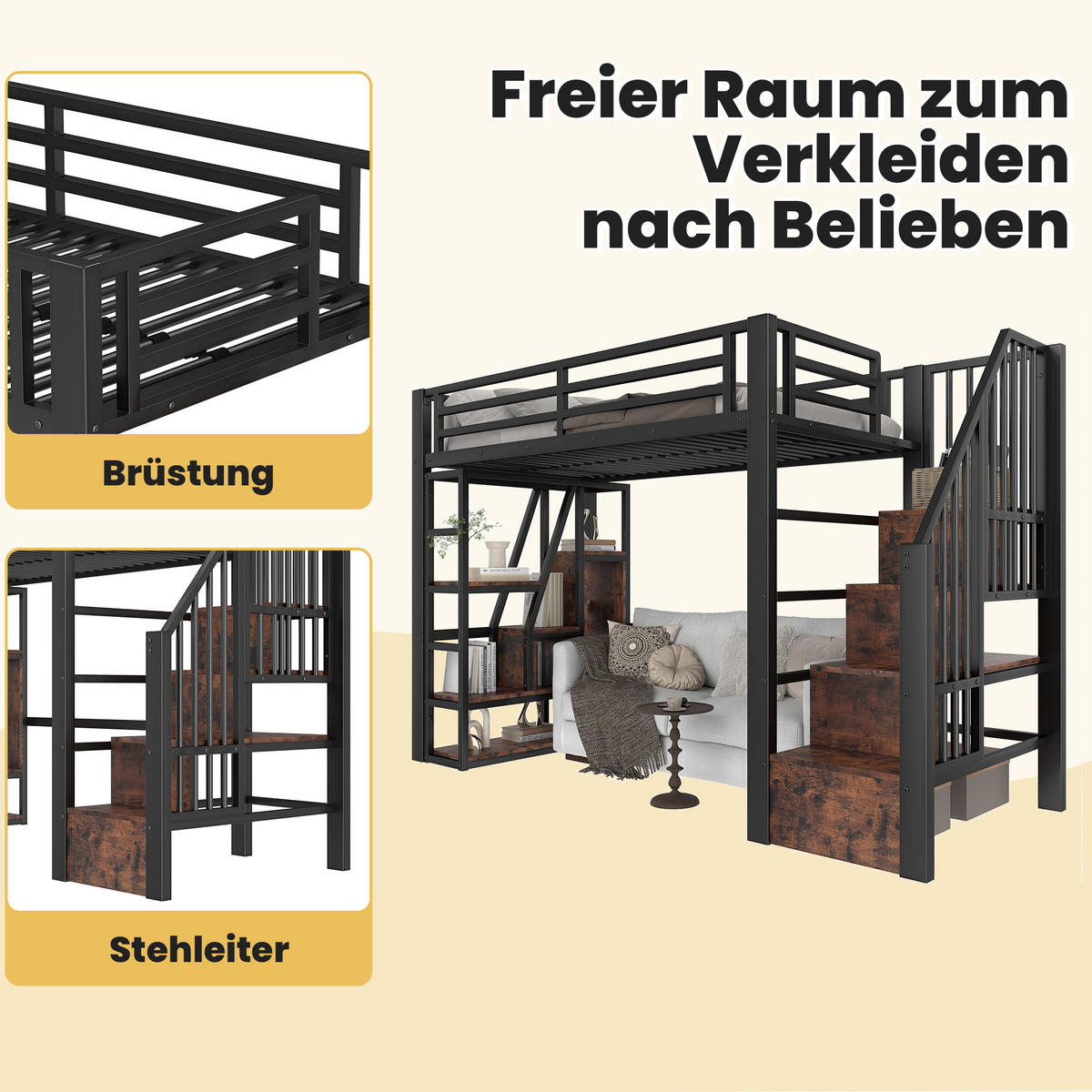 HOCHBETT 90x200cm Schwarz Metall LED-Licht offener Stauraum - Schwarz, Holz (90/200cm) - FLIEKS