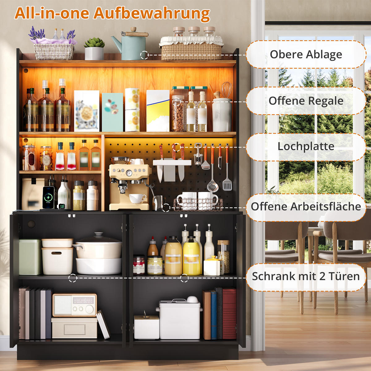 BUFFET DE-38743 120/43/160 cm LED-Beleuchtung und Lochwand Schwarz - Schwarz, Holzwerkstoff (120/160/43cm) - ComfortXL