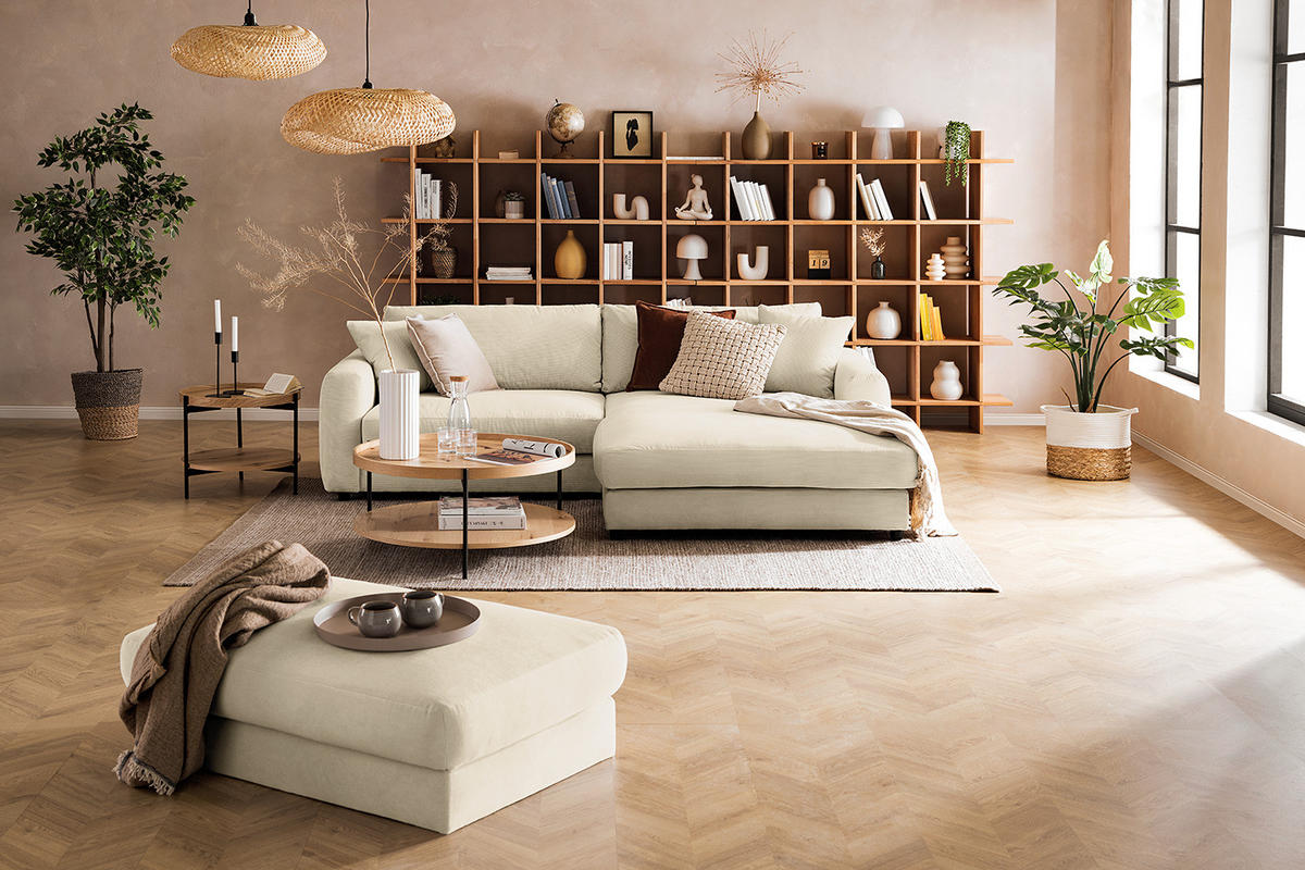 ECKSOFA mit Longchair - Beige/Schwarz, Holz/Kunststoff (238/183cm) - home24
