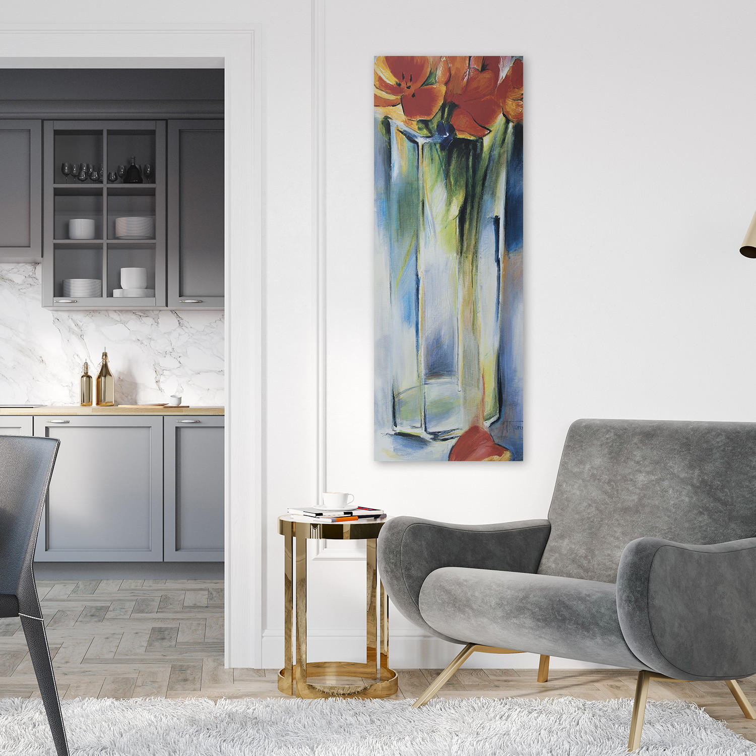 WANDBILD gemalte blumen in einer vase - Blau, Textil (30/90cm) - Feeby