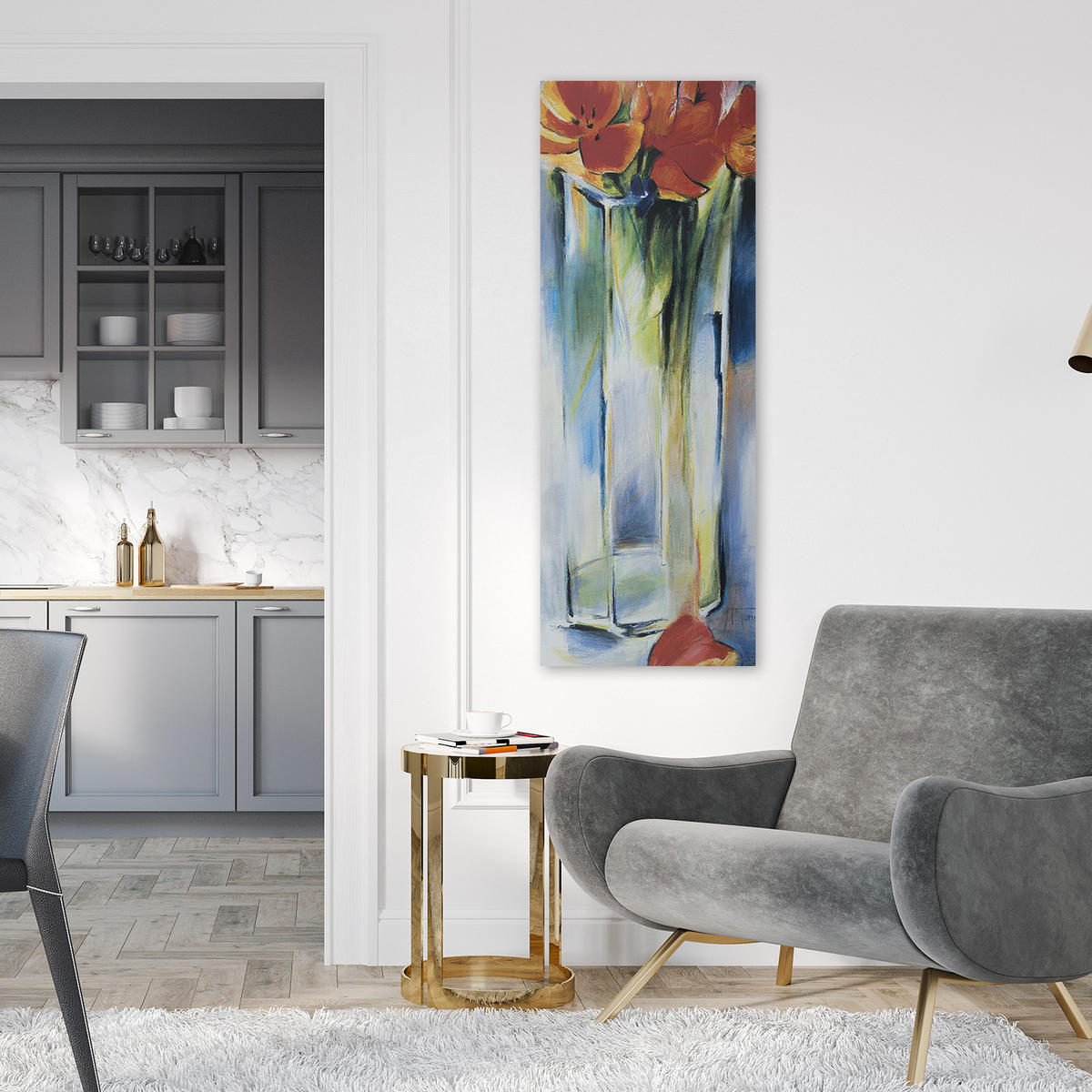 WANDBILD gemalte blumen in einer vase - Blau, Textil (30/90cm) - Feeby