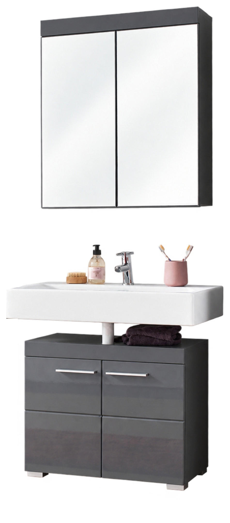 BADMÖBEL-SET grau Hochglanz 2-teilig 60 x 190 cm, Badkombnation in modernem Design - Grau, Glas/Holzwerkstoff (60/77/17cm) - Top.Furn