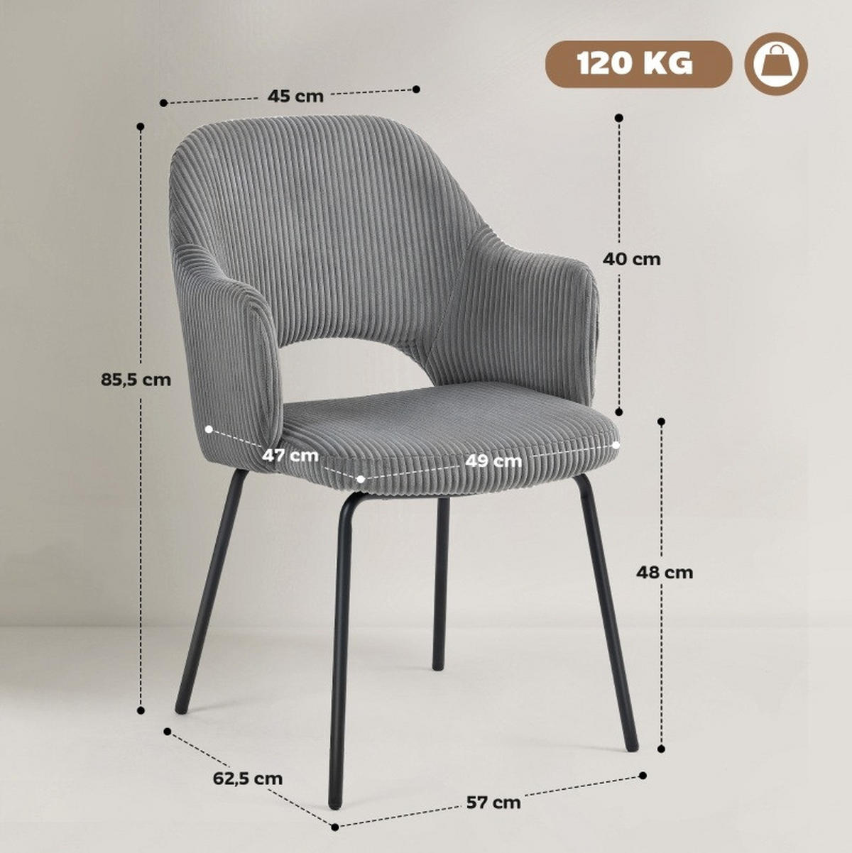 STUHL 62.5x57x85.5 cm in Grau, gepolstert mit Cordbezug, Wannenform, Stahlbeine - Grau, Textil (57/85.5/62.5cm) - Modfu