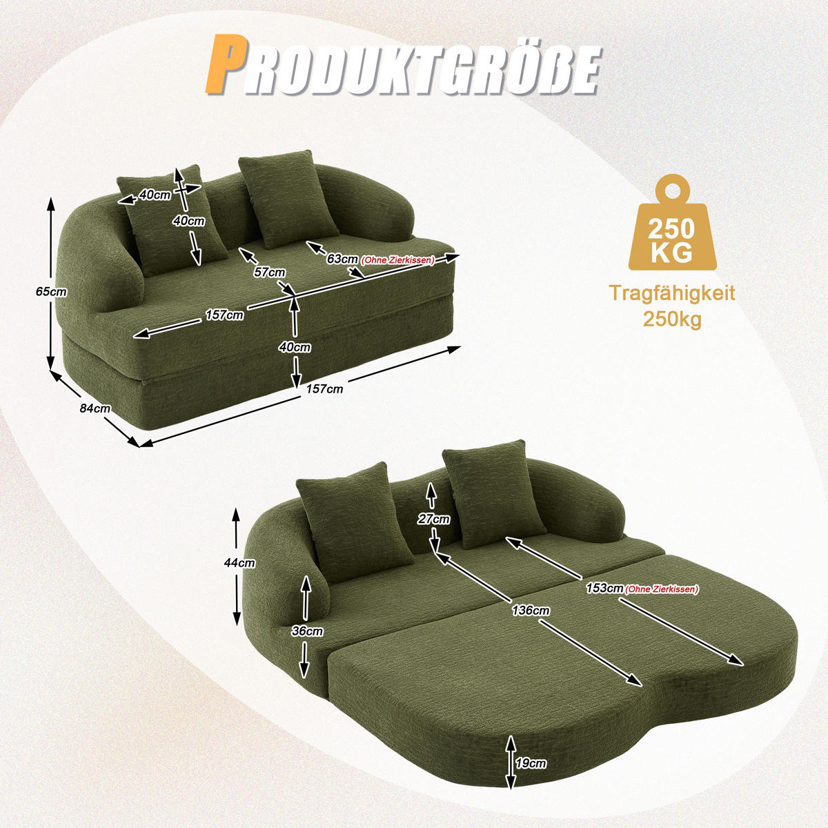 SCHLAFSOFA 2-in-1 Klappbett Grün Chenille 2-Sitzer mit Kissen - Grün, Textil (157/65/84cm) - Urban Meuble