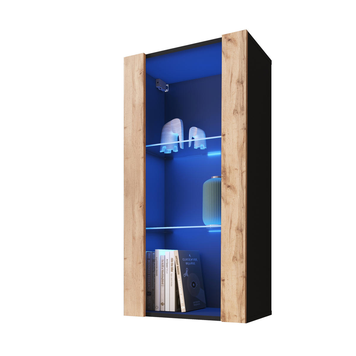 HÄNGEVITRINE TIVOLI Vertical 100, Wotan, LED Blau - Eiche Wotan/Schwarz, Glas/Holzwerkstoff (50/100/29.5cm) - Komodee