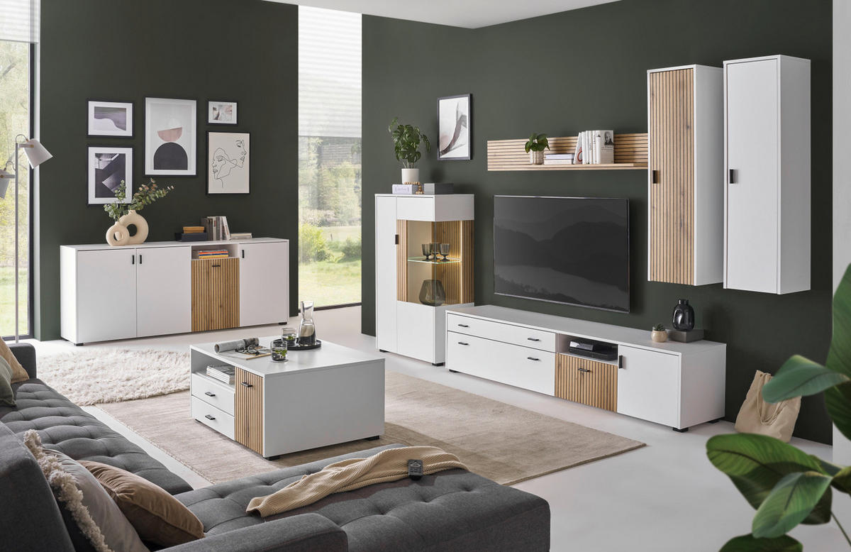 VITRINE weiß matt, Eiche 75 x 125 cm, Highboard mit Soft-Close-Funktion - Eichefarben/Schwarz, Glas/Holzwerkstoff (75/125/38cm)