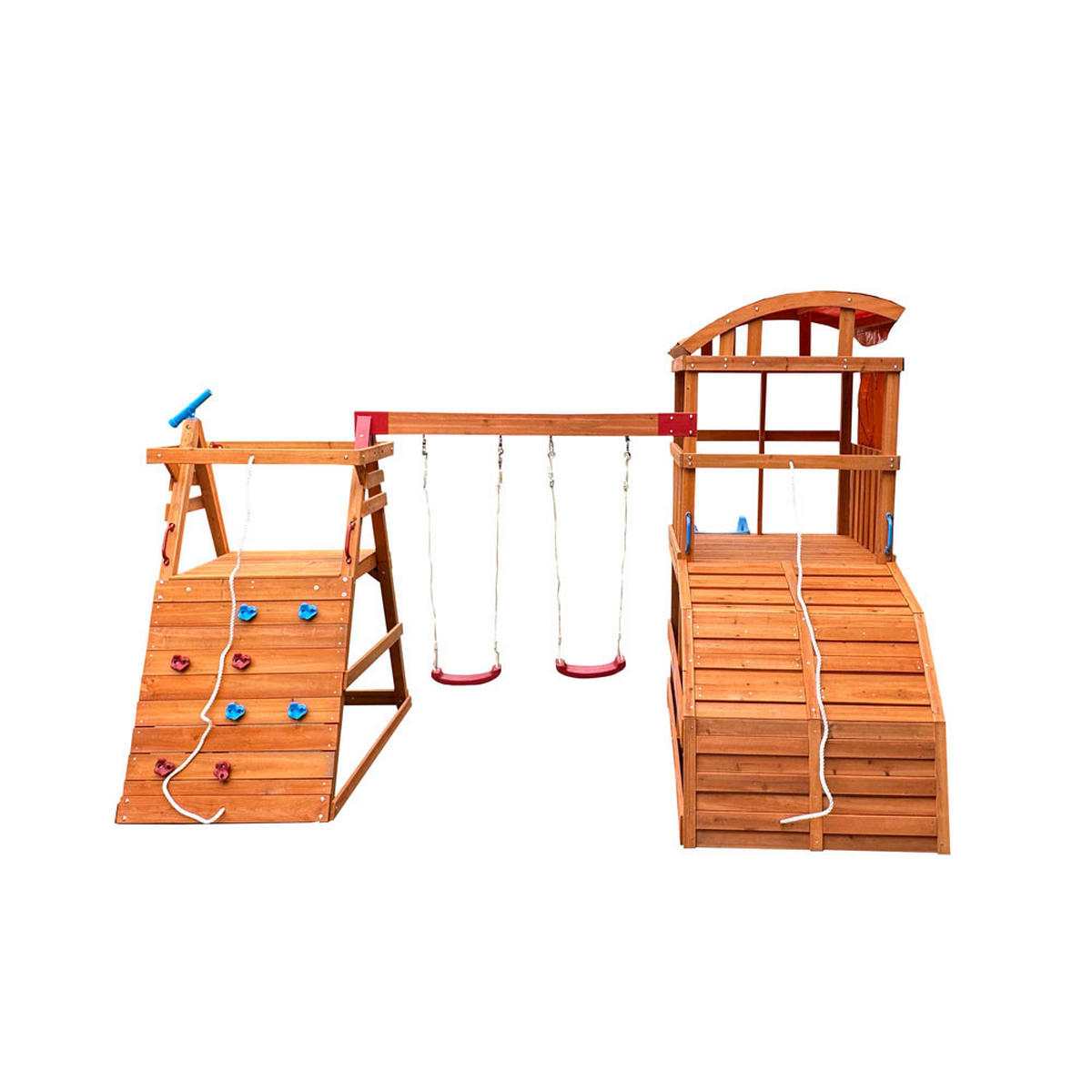 SPIELTURM MIT DOPPELSCHAUKEL NIA - Größe: 420 x 280 cm - Nussbaumfarben, Holz (421/280/449cm) - Home Deluxe