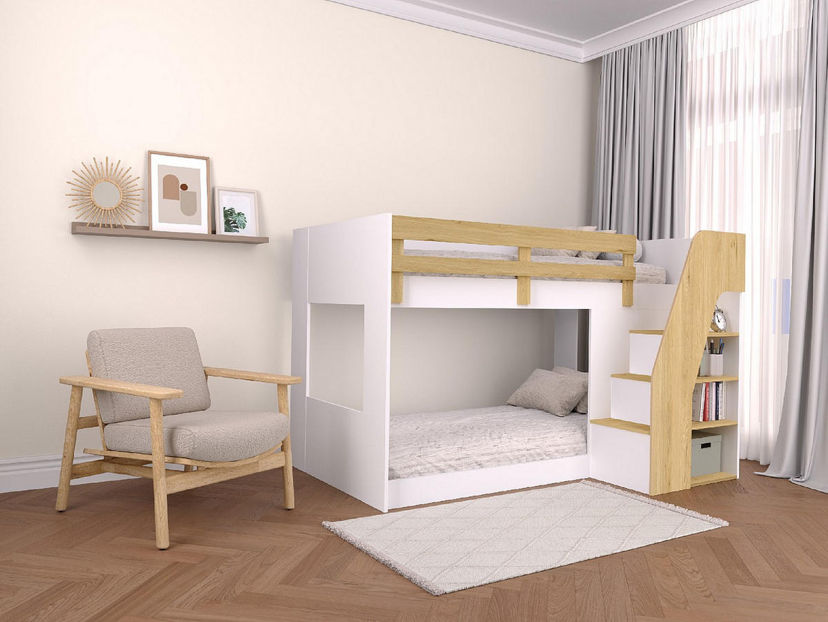 ETAGENBETT - 2 Personen - Holz, Platte - Naturfarben Hell, Weiß - - Naturfarben/Weiß, Holz (90/190cm) - Vente-Unique