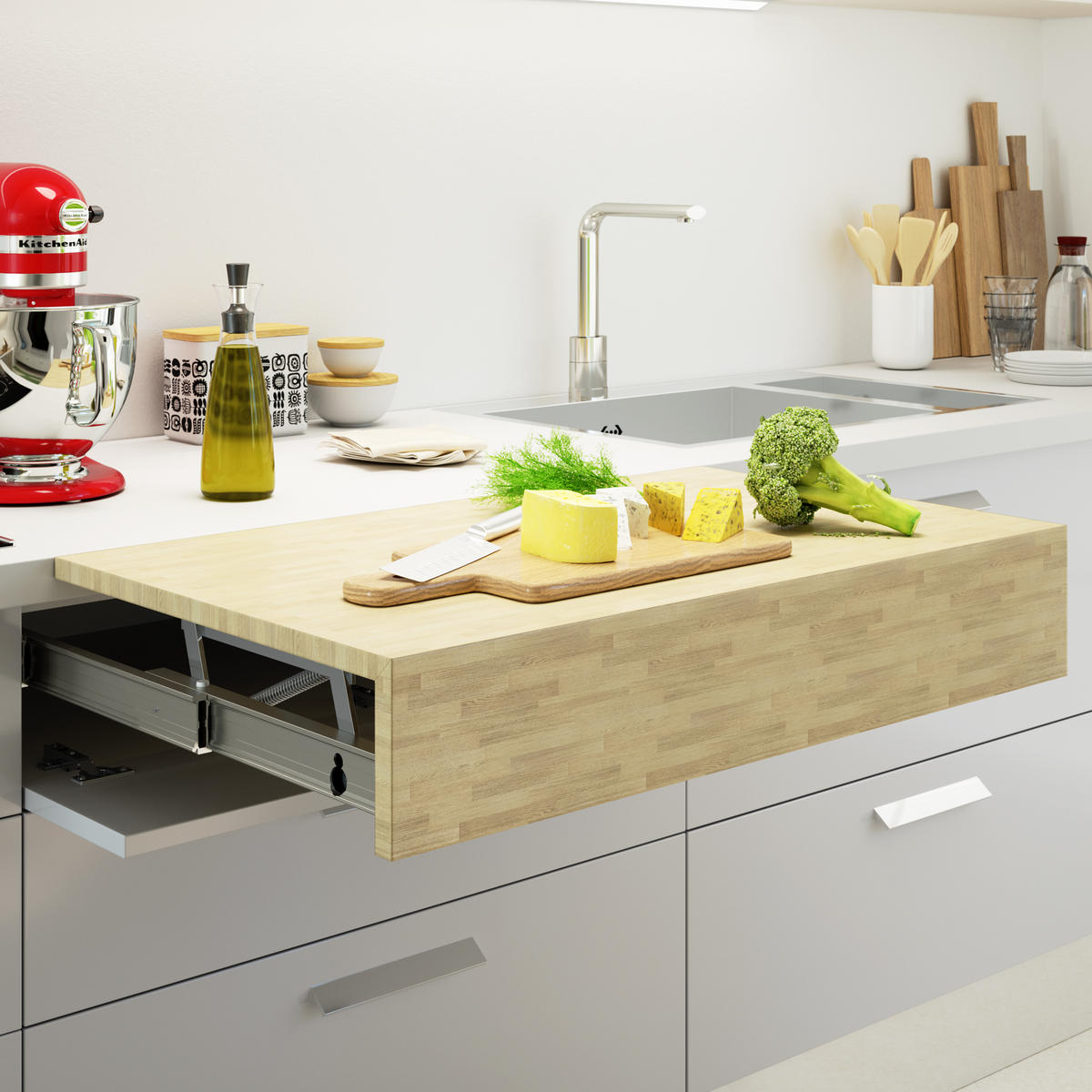 FÜHRUNG Oplà Top für ausziehbaren und hochkplappbaren Tisch, Aluminium, Edelstahl eloxiert - Edelstahlfarben, Metall (90/10/53cm) - EMUCA