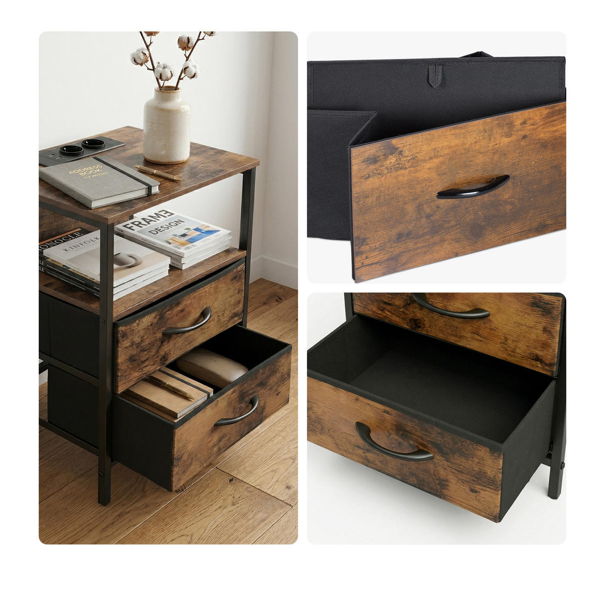 NOČNÍ stolek - hnědá, kov/kompozitní dřevo (30/40/60cm) - Relaxdays