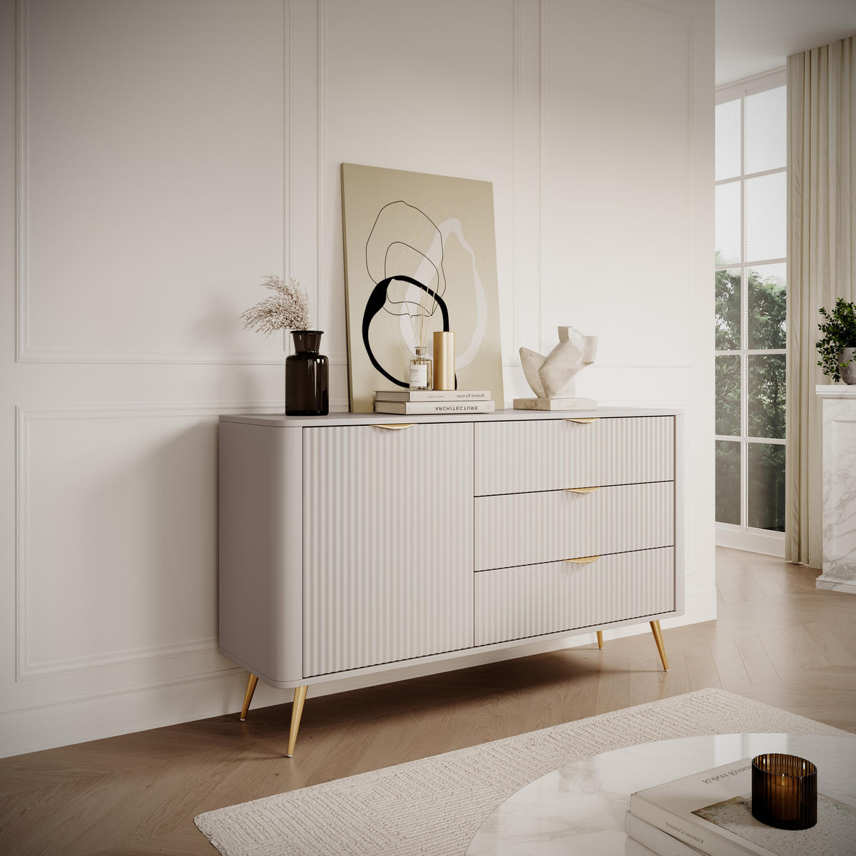 KOMMODE: 3 Schubladen, 1 Tür, Kaschmir, goldene Beine, 138,2 x 81,2 x 38 cm - Kaschmir, Holzwerkstoff (138.2/81.2/38cm) - 3XE LIVING