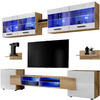 WOHNZIMMERSET Foggia, 6er-Set, Eiche Wotan, Front Hochglanz Weiß, LED Blau - Eiche Wotan/Schwarz, Glas/Holzwerkstoff (230/190/45cm) - Komodee