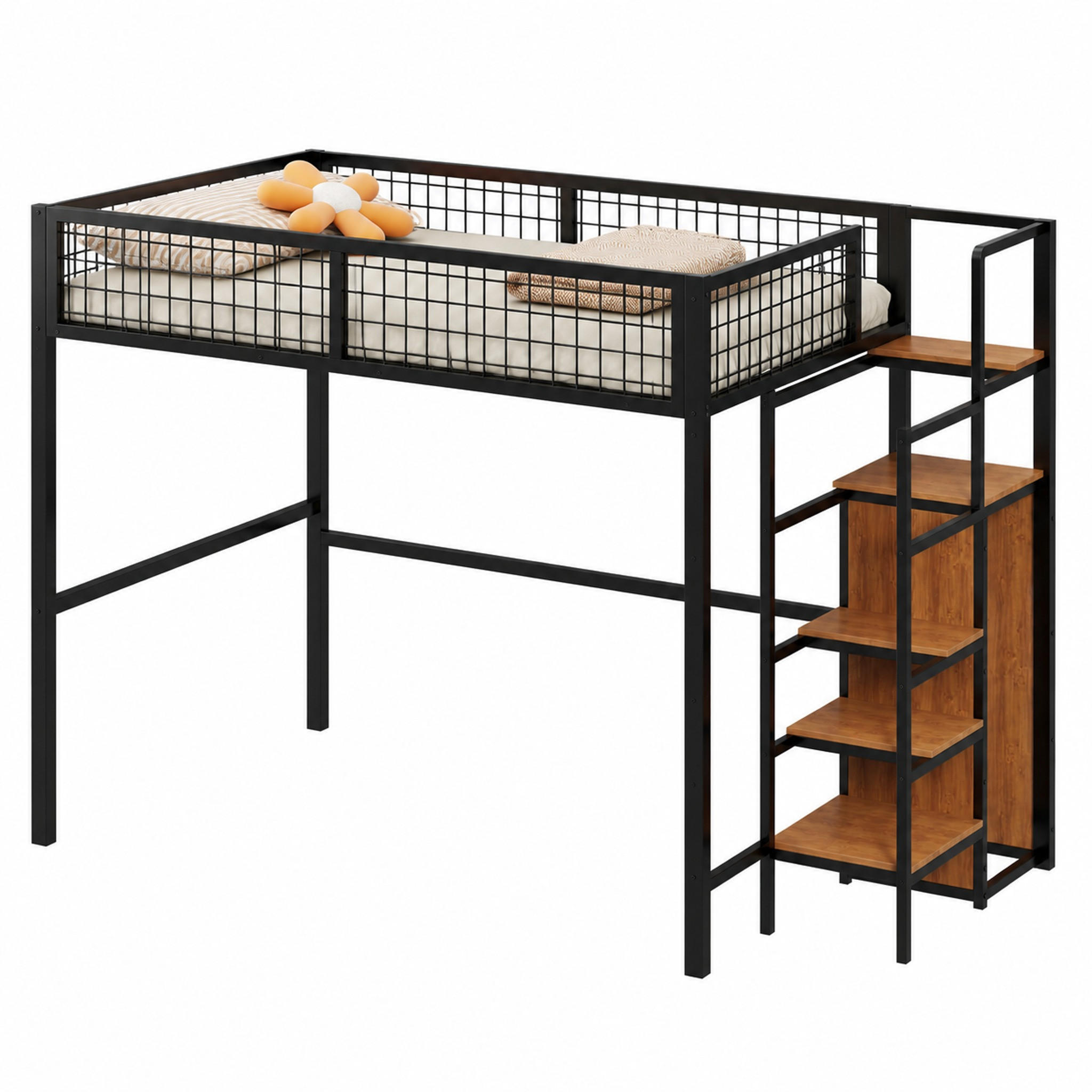 HOCHBETT mit Leiter und Kleiderschrank 140x200 cm Metall Schwarz - Schwarz, Metall (140/200cm) - Meubliv