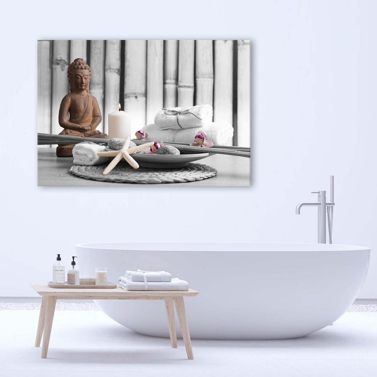 LEINWANDBILD Buddha mit Kerze 90x60cm - Beige, Textil (90/60cm) - Feeby