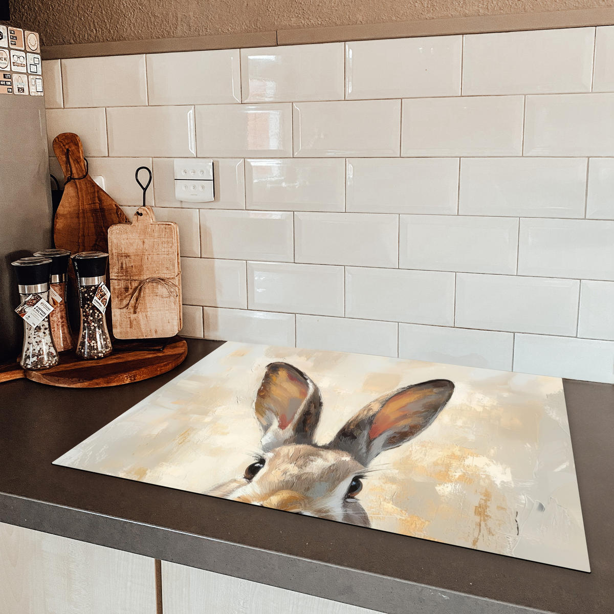 HERDABDECKPLATTE Hase - Ohren - Braun Induktionsmatte 71x52 cm - Beige, Kunststoff (71/52/0.2cm) - MuchoWow